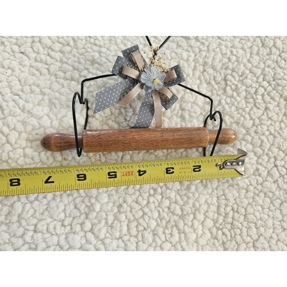 Vintage Wood Rolling Pin & Wire Hanger Holder 3 Hearts Cottage Core Granny Core